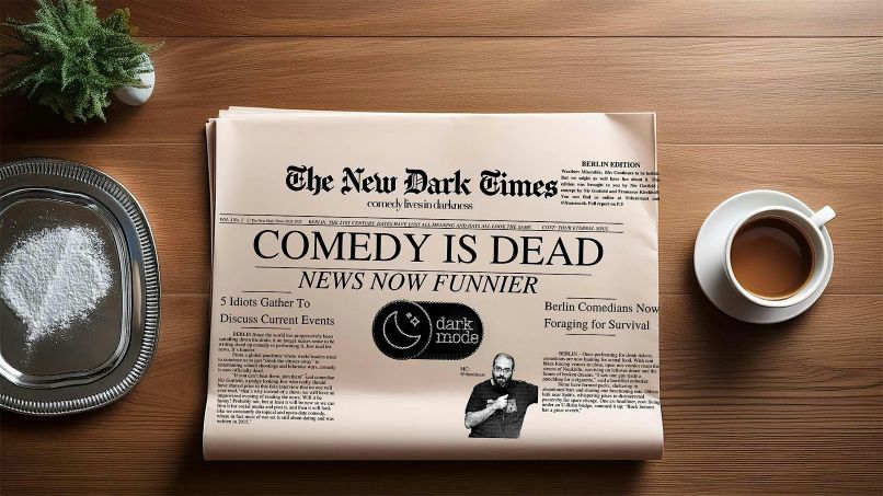 Zu sehen ist eine alte Zeitung mit der Schlagzeile: Comedy is dead