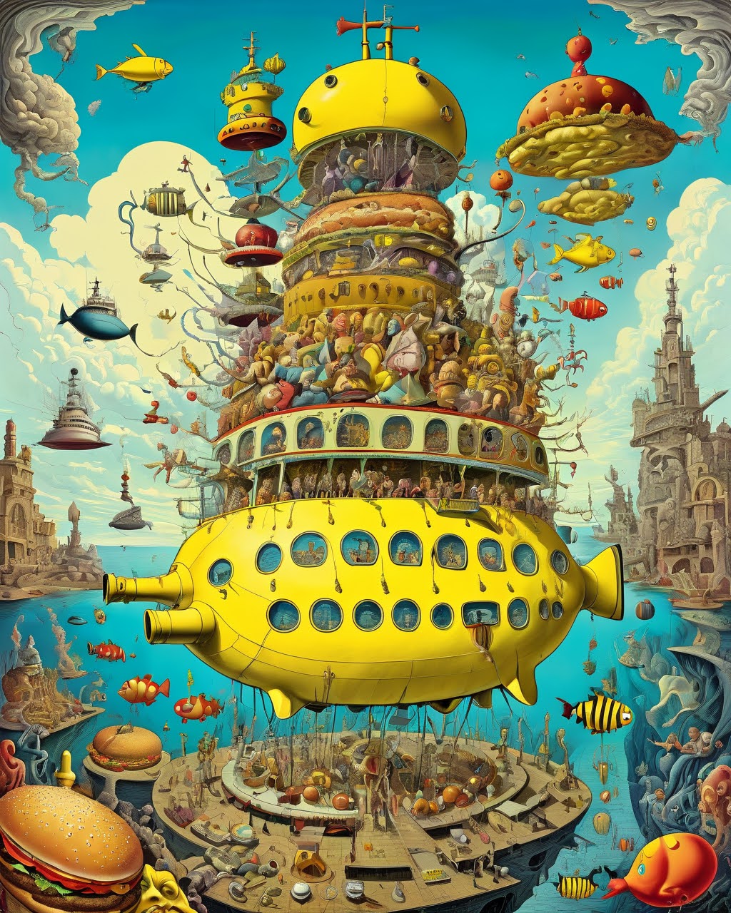 surreale Grafik von einem gelben UNterseeboot, dass aussieht wie ein riesengroßes Sandwich und in der Luft fliegt