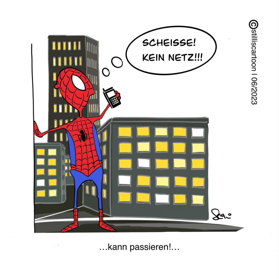 Eine farbige stilistische Zeichnung von Spider Man in einer Großstadt bei Nacht. Erhält ein Handy an sein Ohr. Er sagt: "Scheiße, kein Netz"