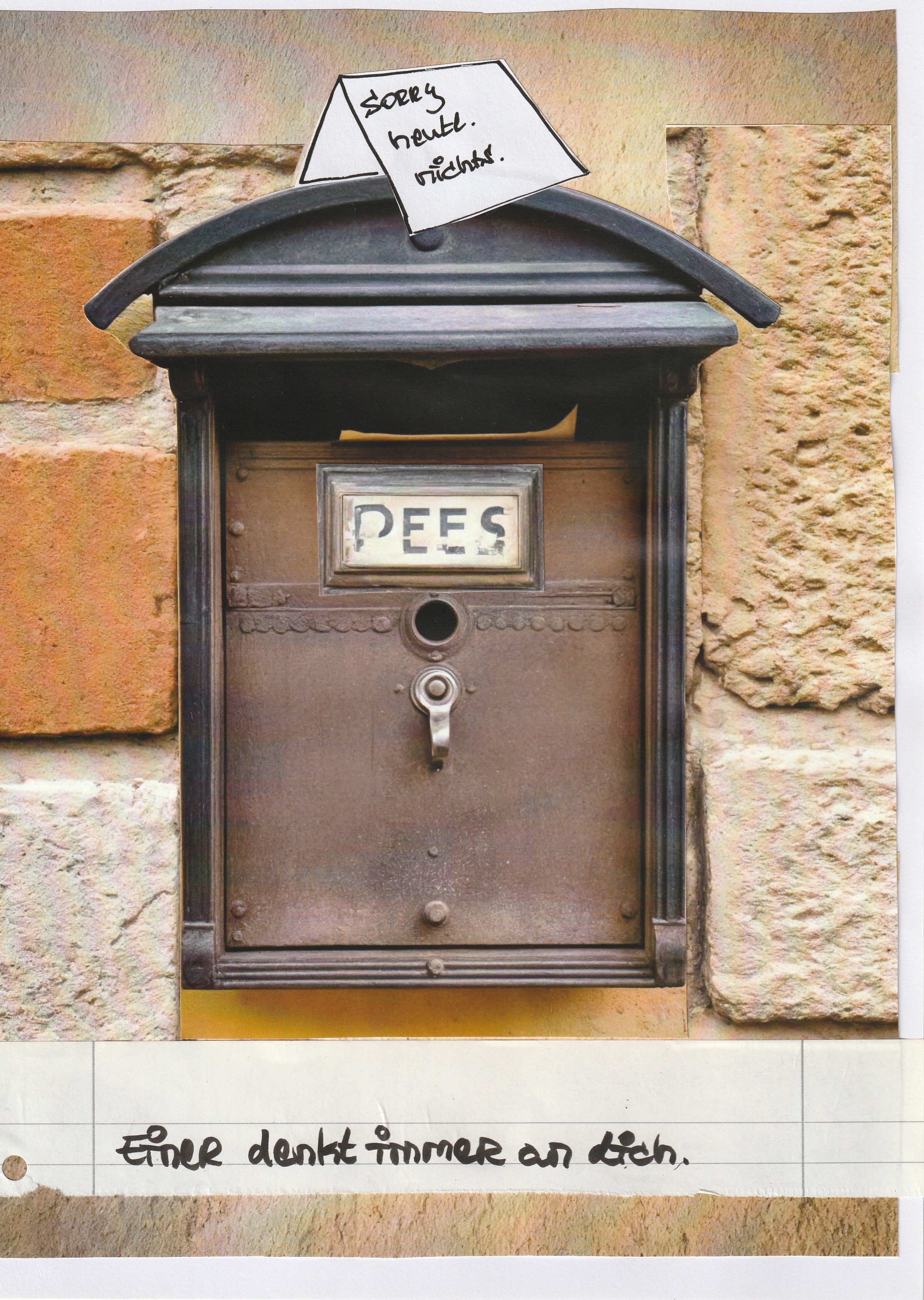 eine Collage mit einem nostalgischen Briefkasten, auf dem ein Schild steht, mit Aufschrift: Sorry, heute nichts. 