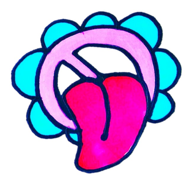 Symbol einer fiktiven Anti-Pädo-Kampagne. Eine Zunge in einem Verbotenschild, drum herum Rüschen, wie bei Windeln. gezeichnet und ausgemalt mit Filzstiften. Grundlage für einen Sticker