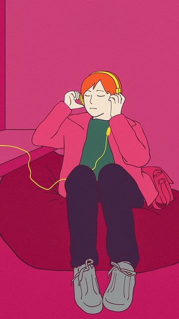 Zu sehen ist eine stilistische pinke Grafik von einer Frau, die Kopfhörer trägt und wahrscheinlich Musik hört