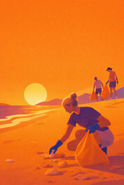 eine Grafik, die eine Frau zeigt, die am Strand in der orangenen Abendsonne Müll einsammelt