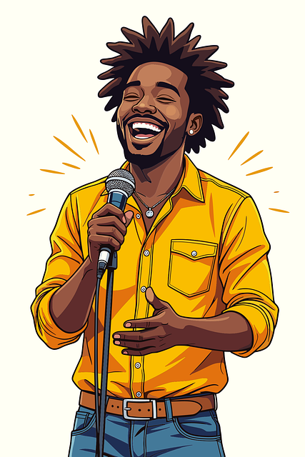 zu sehen ist die comicartige Grafik von einem Comedian mit Mikrofon, der lacht