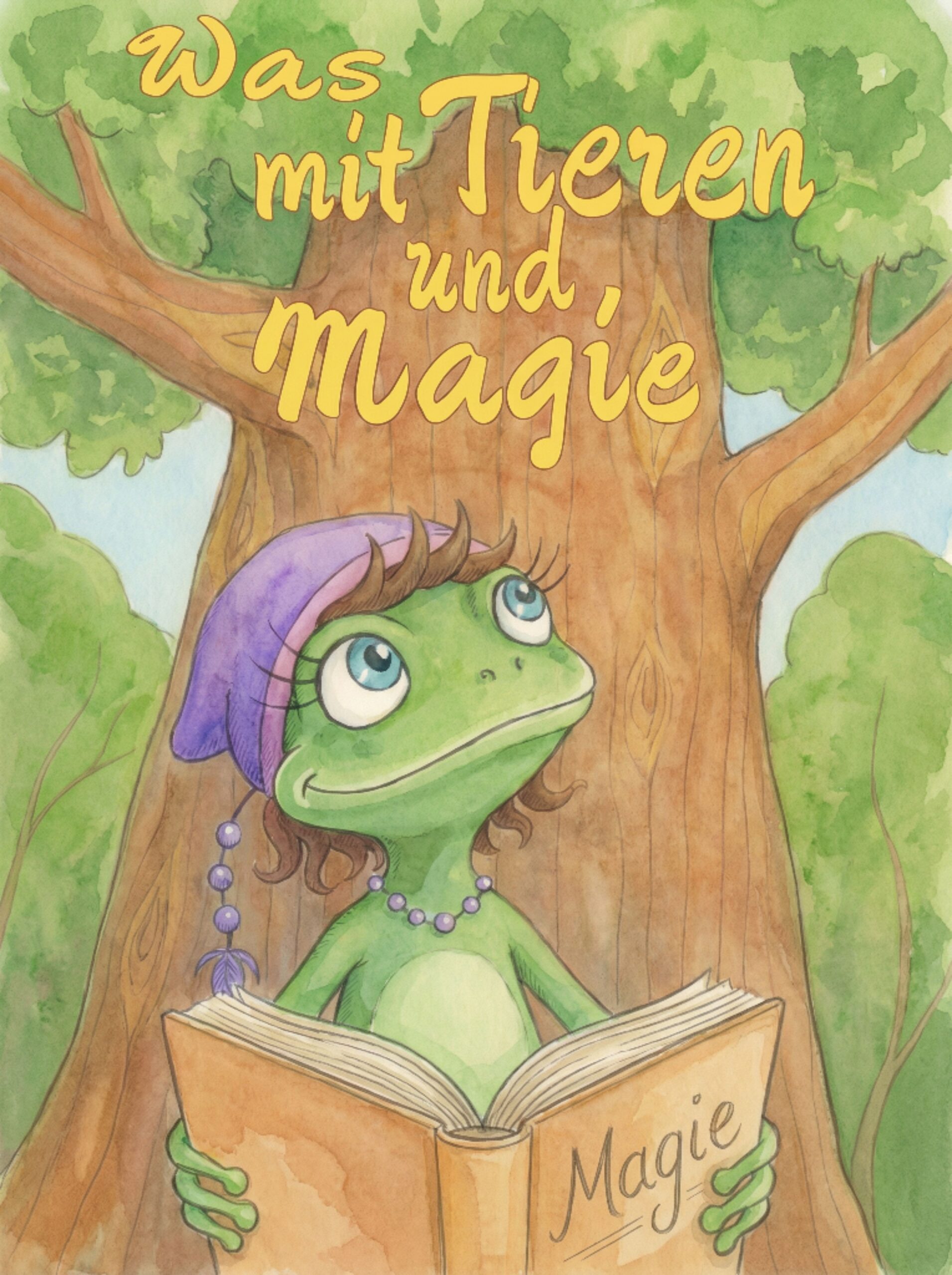 Bild vom Buchcover, ein Entwurf, ein Froschfräulein sitzt vor einem Baum und liest in einem Buch