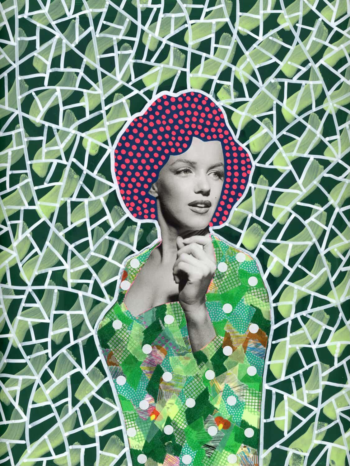 ein sw Foto aus einem Magazin von Marylin Monroe mit typischen Collage Elementen umrandet